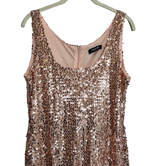 Chic Me Womens Sequined Maxi Dress Large Pink Rose Gold Sexy Slit Sleeveless - Picture 2 of 7